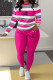 Deep Pink Casual Striped Print Letter Print Basic O Neck Long Sleeve Two Pieces