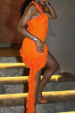 Orange Sexy Solid Color Patchwork Backless Ruffled Trim Square Neck Wrapped Skirt Dresses