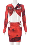 Red Sexy Print Hollow Out Patchwork V Neck Long Sleeve Two Pieces