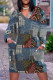 Blue Casual Street Graffiti Print Faux Denim Print Newspaper printing Pocket Contrast V Neck Printed Plus Size Dresses