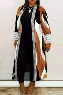 Brown Casual Print Patchwork Cardigan Collar Plus Size Overcoat