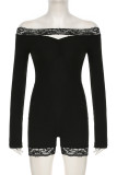 Black Sexy Solid Color Lace Hollow Out Patchwork Ruched Off Shoulder Skinny Rompers