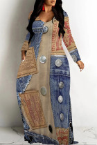 Multicolor Casual Street Faux Denim Print Pocket Contrast V Neck Printed Dresses