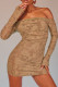 Khaki Sexy Flowers Patchwork Backless Off Shoulder Wrapped Skirt Dresses