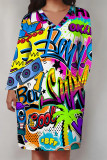 Multicolor Casual Street Graffiti Print Faux Denim Print Newspaper printing Pocket Contrast V Neck Printed Plus Size Dresses