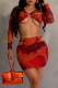 Red Sexy Print Hollow Out Patchwork V Neck Long Sleeve Two Pieces