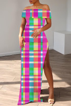 Rose Red Casual Print Slit Off Shoulder Long Dresses