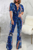 Blue Casual Print Patchwork Deep V Neck Bodycon Jumpsuits