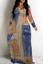 Blue Coffee Casual Street Faux Denim Print Pocket Contrast V Neck Printed Dresses
