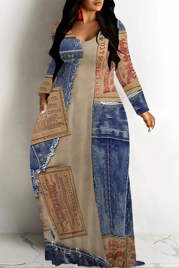 Blue Coffee Casual Street Faux Denim Print Pocket Contrast V Neck Printed Dresses