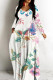 White Pink Casual Floral Print Basic V Neck Long Dresses