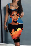 Navy Blue Casual Figure Print Basic U Neck Vest Dresses