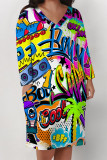 Multicolor Casual Street Graffiti Print Faux Denim Print Newspaper printing Pocket Contrast V Neck Printed Plus Size Dresses