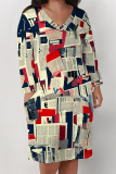 Multicolor Casual Street Graffiti Print Faux Denim Print Newspaper printing Pocket Contrast V Neck Printed Plus Size Dresses