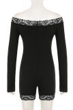 Black Sexy Solid Color Lace Hollow Out Patchwork Ruched Off Shoulder Skinny Rompers