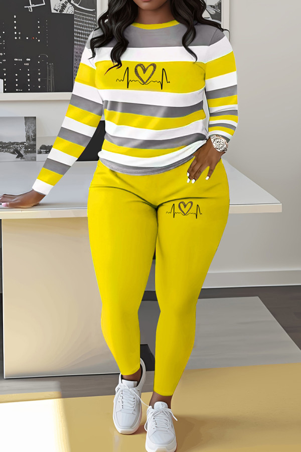 Yellow Casual Print Patchwork O Neck Long Sleeve Two Pieces