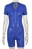 Blue Sexy Solid Color Hollow Out Patchwork Zipper Zipper Collar Skinny Rompers