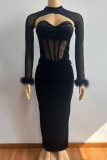 Black Elegant Solid Color Hollow Out Patchwork Mesh Fluffy Turtleneck Long Sleeve Two Pieces