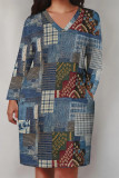 Multicolor Casual Street Graffiti Print Faux Denim Print Newspaper printing Pocket Contrast V Neck Printed Plus Size Dresses