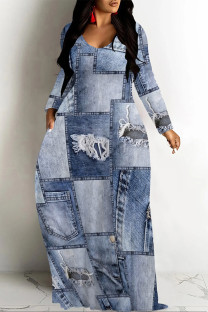 Baby Blue Casual Street Faux Denim Print Pocket Contrast V Neck Printed Dresses