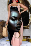 Pink Brown Sexy Casual Figure Print Backless Spaghetti Strap Long Dresses