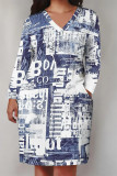 Multicolor Casual Street Graffiti Print Faux Denim Print Newspaper printing Pocket Contrast V Neck Printed Plus Size Dresses