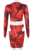 Red Sexy Print Hollow Out Patchwork V Neck Long Sleeve Two Pieces