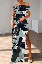 Black Gray Casual Print Slit Off Shoulder Long Dresses