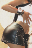 Black Sexy Solid Color Rivets Patchwork Straight Low Waist Straight Patchwork Bottoms