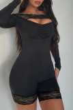 Black Sexy Solid Color Lace Hollow Out Patchwork Ruched Off Shoulder Skinny Rompers