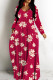 Rose Red Casual Floral Print Basic V Neck Long Dresses