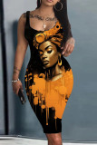 Navy Blue Casual Figure Print Basic U Neck Vest Dresses