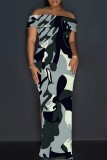 Rose Red Casual Print Slit Off Shoulder Long Dresses