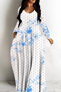 White Casual Floral Print Basic V Neck Long Dresses