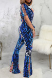 Blue Casual Print Patchwork Deep V Neck Bodycon Jumpsuits