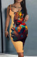Orange Yellow Casual Figure Print Basic U Neck Vest Dresses