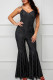 Black Casual Stripe Patchwork Zipper Spaghetti Strap Bodycon Jumpsuits