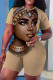 Khaki Casual Figure Print Basic O Neck Short Sleeve Two Pieces