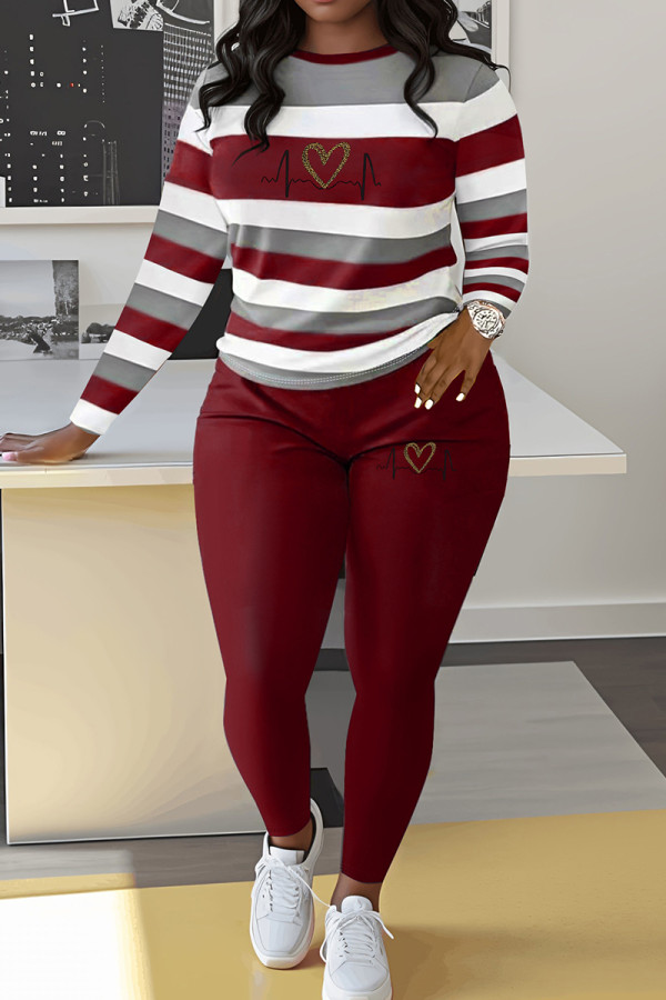 Burgundy Casual Print Patchwork O Neck Long Sleeve Two Pieces
