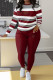 Burgundy Casual Print Patchwork O Neck Long Sleeve Two Pieces