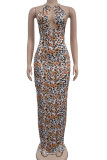 Leopard Print Elegant Leopard Print Patchwork Backless Slit Deep V Neck Long Dresses