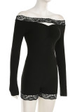 Black Sexy Solid Color Lace Hollow Out Patchwork Ruched Off Shoulder Skinny Rompers