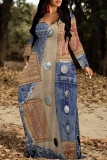 Multicolor Casual Street Faux Denim Print Pocket Contrast V Neck Printed Dresses
