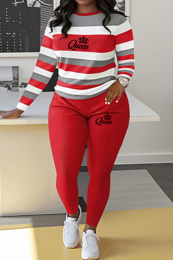 Red Casual Striped Print Letter Print Basic O Neck Long Sleeve Two Pieces