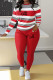 Red Casual Striped Print Letter Print Basic O Neck Long Sleeve Two Pieces