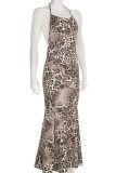 Leopard Print Elegant Leopard Print Patchwork Backless Strap Design Halter Long Dresses
