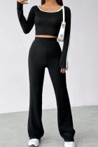 Black Casual Patchwork Contrast U Neck Long Sleeve Two Pieces