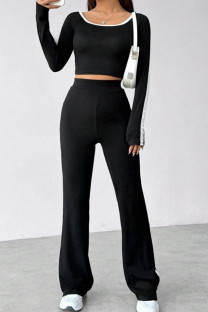 Black Casual Patchwork Contrast U Neck Long Sleeve Two Pieces