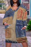 Multicolor Casual Street Graffiti Print Faux Denim Print Newspaper printing Pocket Contrast V Neck Printed Plus Size Dresses