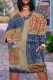 Blue Coffee Casual Street Graffiti Print Faux Denim Print Newspaper printing Pocket Contrast V Neck Printed Plus Size Dresses
